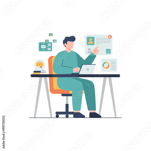 Professional person working at desk with laptop and documents.