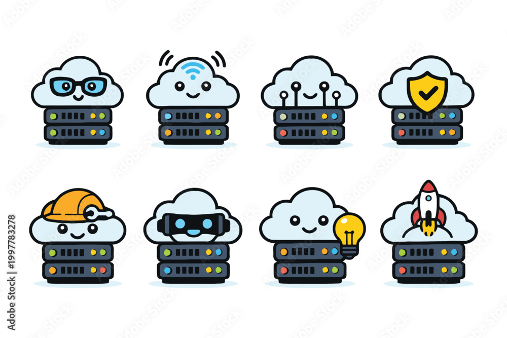 Naklejka premium Set of cute cloud server icons with various technology elements for web development and data storage concepts