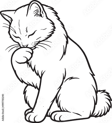 Fotografia Kurilian Bobtail cat grooming paw line art, cleaning cat pose outline illustrati
