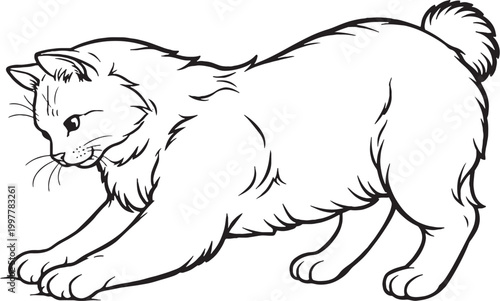 Kurilian Bobtail cat kneading paws line art, comforting cat behavior outline illustration isolated on white