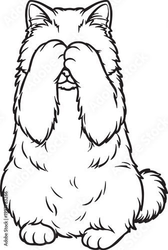 Kurilian Bobtail cat hiding face line art, shy cat covering eyes pose outline illustration isolated on white