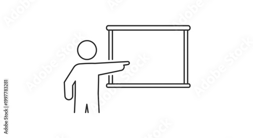 Stick Figure Teacher Pointing at Blank Whiteboard Vector Illustration