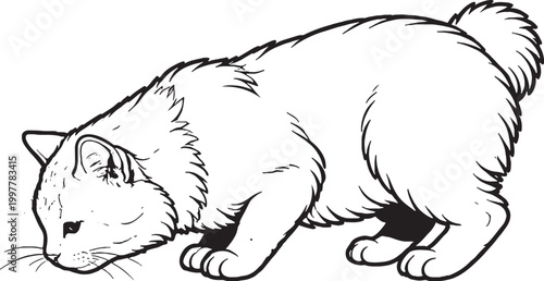 Schilderij op canvas Kurilian Bobtail cat drinking line art, side view cat drinking pose outline illu