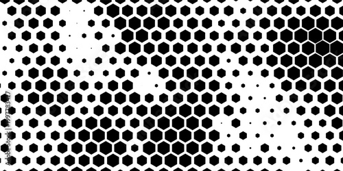 Hexagon halftone gradient texture. Abstract black grunge background. Geometric retro halftone tech overlay. Fading wavy hexagonal pattern backdrop. Vector vanishing honeycomb grunge bitmap wallpaper