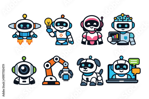 Set of cute cartoon robots and mechanical arm characters doing various technology tasks and digital activities