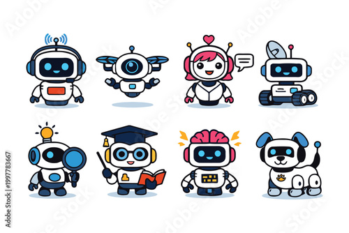 Set of cute cartoon robot characters with different jobs and accessories in a friendly flat design style