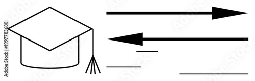 Education, career, growth, success, achievement, learning. Black graduation cap paired with two arrows pointing in opposite directions. Education and career concepts progress and success
