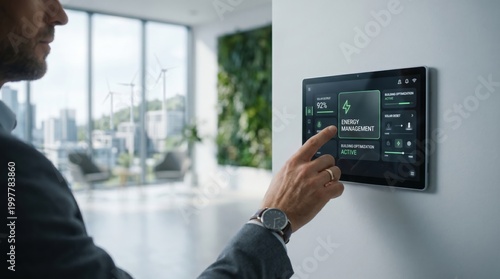 Man controlling smart home energy management system via wall mounted touchscreen panel, optimizing solar power usage and building automation for sustainable living and efficient