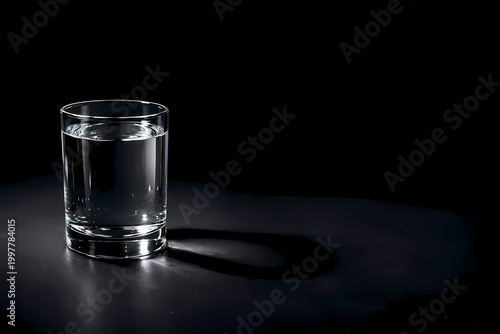 Minimalist illustration of a glass of fresh water on a dark reflective surface. High contrast lighting with elegant shadow and large copy space for text. Perfect for luxury and health themes.