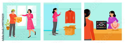 Goods delivery service concept. Sell clothes. Handmade jewelry.