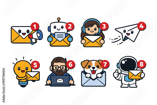 Set of cute cartoon characters holding mail envelopes and notifications for digital communication and emails