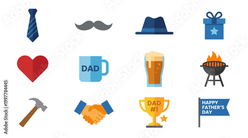 Happy Father's Day Flat Icon Set Vector, Diverse Collection Of Dads Favorite Things Including Tie, Mustache, Beer, BBQ Grill, And Trophy, Isolated Fatherhood Celebration Symbols For Graphic Design.