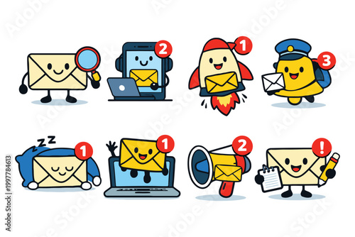 Cute cartoon envelope mail characters set with notification icons for digital communication and email concepts