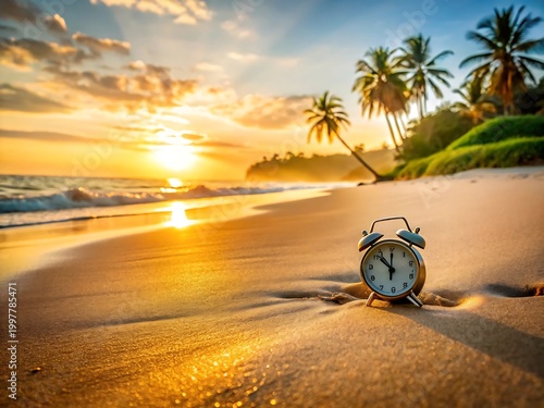 Alarm clock on beach at sunset with palm trees