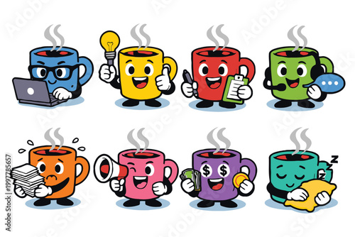 Set of cute coffee mug characters performing various daily activities and office tasks in colorful styles