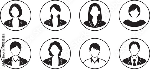 Business Avatar Icons Set – Minimal User Profile Silhouette Collection, Male Female Characters in Circle Frame