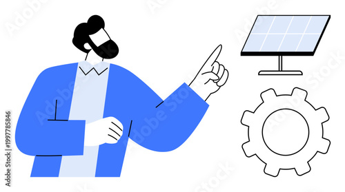Renewable energy, sustainable development, technology, energy efficiency, clean energy, innovation. Man pointing to solar panel with gear. Renewable energy and sustainable development concept