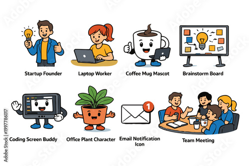 Set of cute office character icons including startup founder laptop worker coffee mug and team meeting