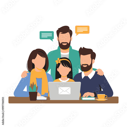 Team of four professionals collaborating around laptop at table.