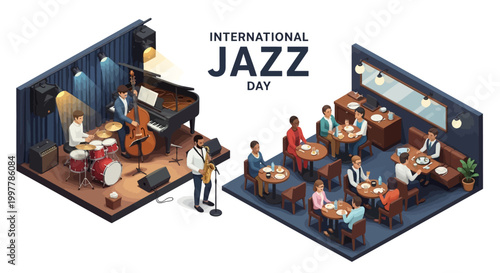 Isometric illustration depicting International Jazz Day with a live jazz concert scene featuring a saxophone player and jazz band performing in a club setting, complete with an audience