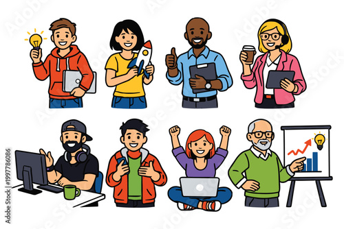 Set of diverse office workers and creative professionals characters doing different tasks and daily activities