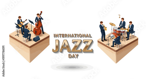 Isometric vector art for International Jazz Day featuring musicians performing with a saxophone, trumpet, double bass, piano, and drums on separate geometric stages against a clean white