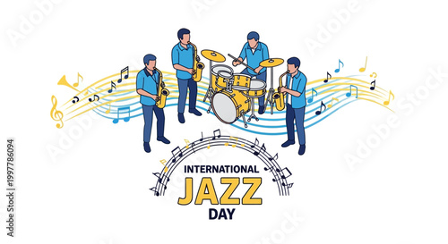Isometric vector illustration celebrating International Jazz Day, featuring a band performing with saxophone, drums, and clarinet against musical notes, creating a retro jazz music