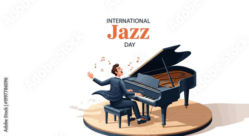 A jazz musician is passionately playing piano on a stage for a live jazz concert, depicted in a colorful vector illustration with a retro jazz music concept and a bright, clean background