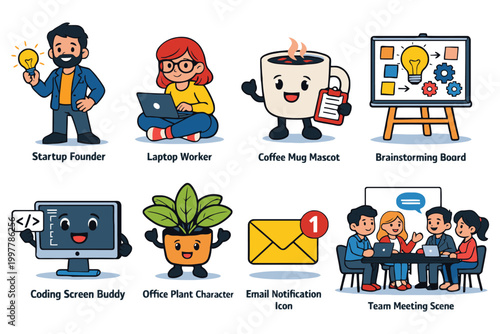 Set of cute office and startup business characters and icons for professional web design and work projects