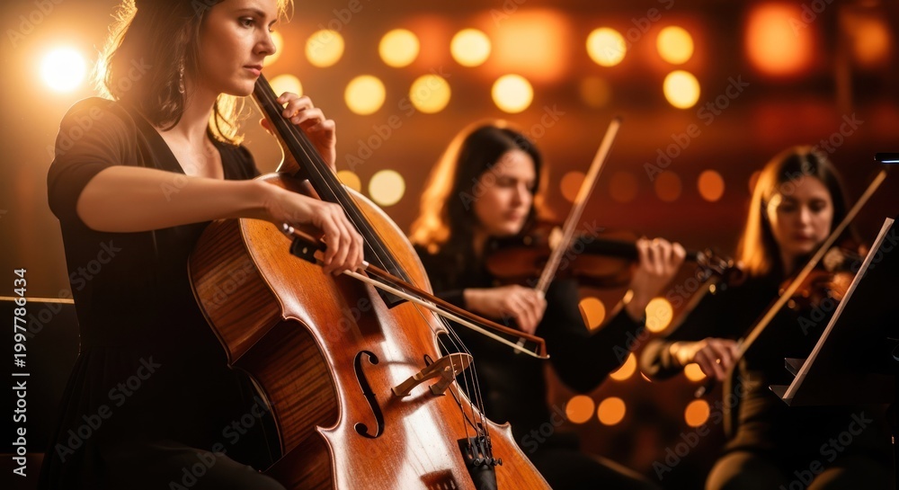Fototapeta premium Classical music performance: Woman plays cello with violinists in concert, performing on string instruments.