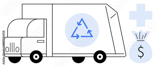Waste management, recycling programs, environmental sustainability, financial savings, eco-friendly business, health impact. Truck with recycling symbol, dollar bag and cross sign. Waste management