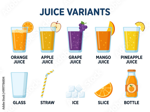 Colorful vector illustration showcasing various fruit juice variants and serving elements for a food concept