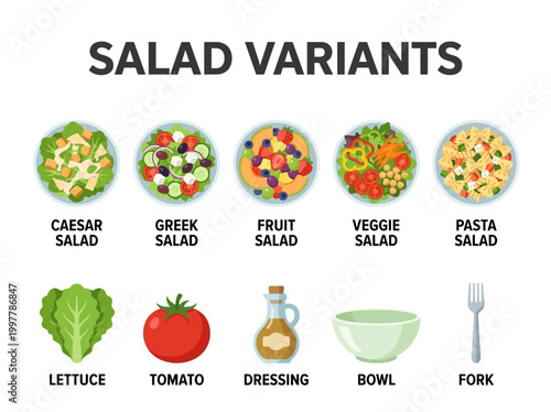 Vector food illustration showcasing various salad variants and ingredients like lettuce, tomato, dressing, bowl, and fork