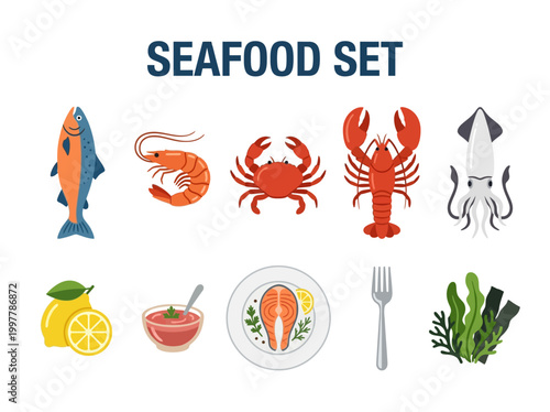 Seafood set vector illustration, featuring fish, shrimp, crab, lobster, squid, lemon, sauce, salmon, fork, and seaweed, a complete collection of marine delicacies for culinary designs