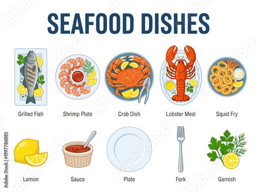 Seafood Dishes Vector Food Collection - Delicious Illustration of Various Marine Delicacies