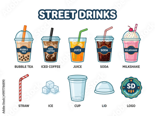 Vector collection of street drinks and beverages for commercial use, illustrating popular food and drink options