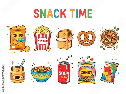 vector illustrations of popular snack foods, drinks, and condiments, perfect for food and fun themes