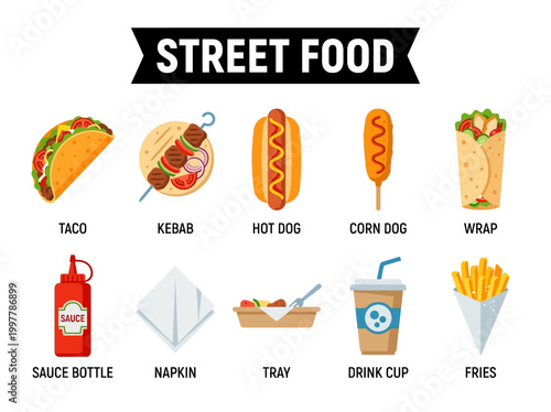 Vector illustration of popular street food items, showcasing a delicious variety of fast food choices