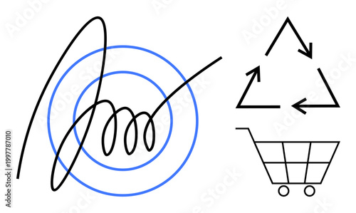 E-commerce, sustainability, environmental awareness, digital marketing, tech integration, consumer behavior. Abstract signature, recycling symbol and shopping cart icon. E-commerce