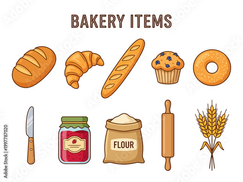 Vector illustration of various bakery food items, including bread, croissants, muffins, bagels, and pastries, perfect for culinary themes