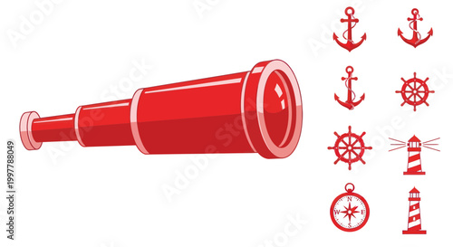 Red nautical icons and telescope.