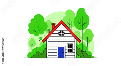 Small white house with blue door.