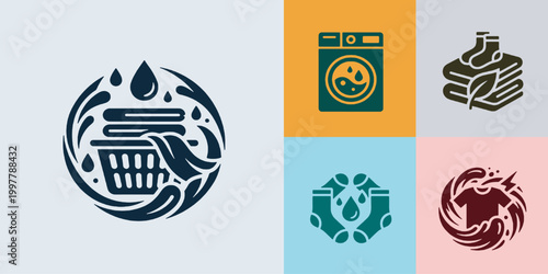 Laundry service and washing machine icons set with clothes, water drops, and basket symbols.