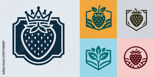 Set of strawberry logos and emblems, perfect for branding, packaging, and healthy food concepts.
