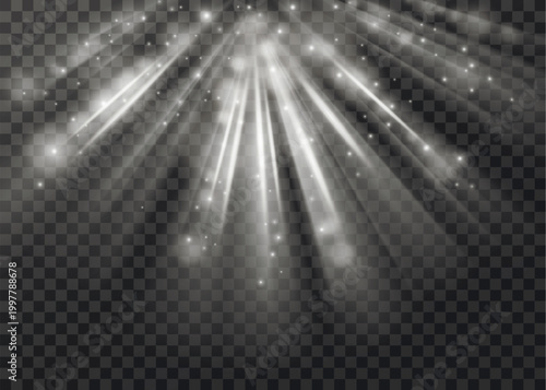 White glowing sun rays. Transparent light effect