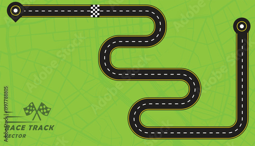 Creative vector illusion of race track or road symbol isolated on green background.