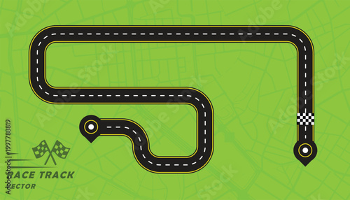 Creative vector illusion of race track or road symbol isolated on green background.