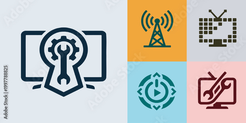 Set of technology and repair icons for television, network, and media services.