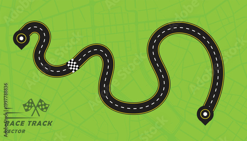 Creative vector illusion of race track or road symbol isolated on green background.