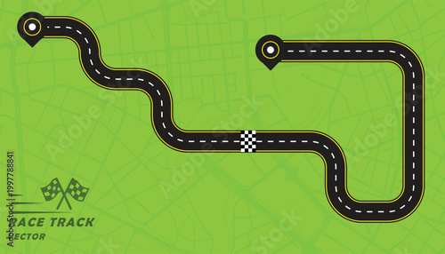 Creative vector illusion of race track or road symbol isolated on green background.